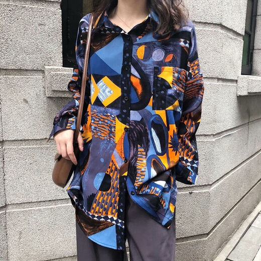 冉艺岚衬衫女春秋新款韩版宽松印花衬衣港味复古长袖衣外套 a 9712 S  收藏店铺ONG小礼物
