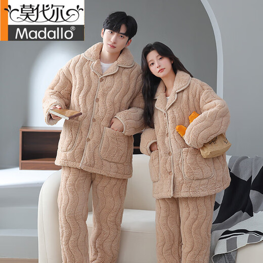 Modal coral velvet pajamas couple outfits for men and women autumn and winter style plus velvet thickened three-layer cotton warm home clothing set 1365 couples 2XL 3-layer women's style