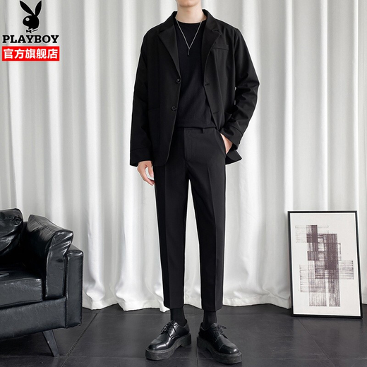 Playboy (PLAYBOY) no-iron suit men's autumn and winter Korean style trendy wedding dress small suit men's casual three-piece suit CGHHTX8TZ black three-piece suit XL