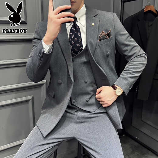 Playboy 2025 new men's three-piece wedding dress casual formal fit British suit black L (suitable for 111-125 Jin Jin equals 0.5 kg)