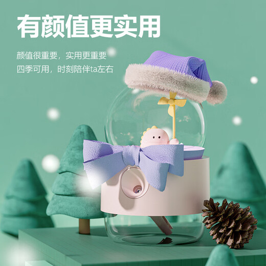 CLCEY is suitable for rotating crystal ball humidifier, mini cute cartoon hydration meter with night light music desktop office, pink windmill dinosaur, rotating music model