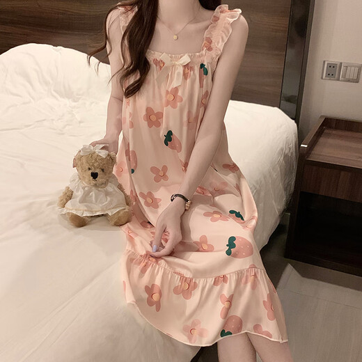 BEI YIFU Camisón para mujeres en verano con almohadilla de pecho de hielo de alta gama Pajamás de pijama de verano Damas dulces y lindas ropa para el hogar 1355#Flores rojas 2xl