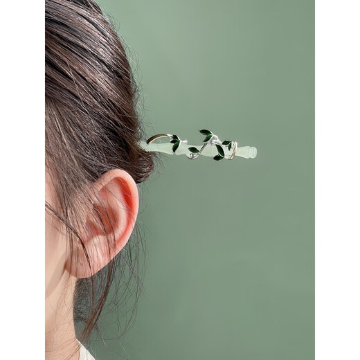 KERLA Teacher Gift Jasper Bamboo Hairpin Ancient Style New Chinese Style Hair Accessories on the Back of the Head Cool Feeling Diamond Green Leaves Green Jade Lotus Color Hairpin