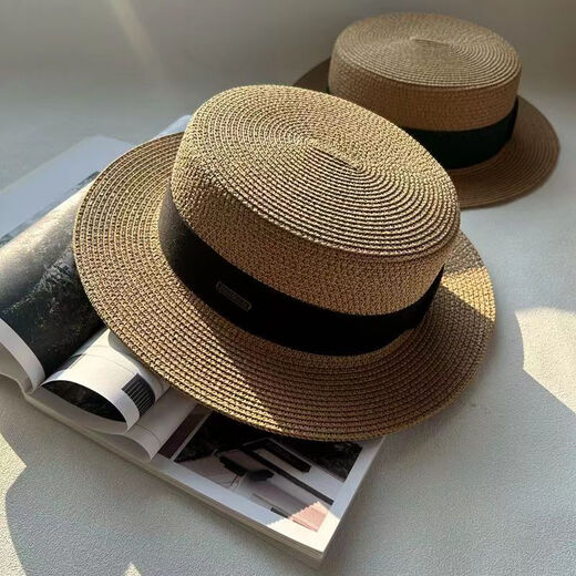 ALBINELE新款草帽女春夏日系平顶礼帽可调节法式英伦遮阳防晒出游百搭海边 卡其-黑色带 M(55-60CM)可调节