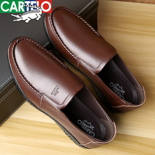 CARTELO top layer cowhide men's business formal casual leather shoes with one foot breathable soft sole non-slip middle-aged and elderly dad shoes Black single shoes 40