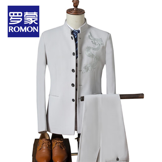ROMON Chinese tunic suit for young men Chinese suit suit men Chinese stand collar casual jacket wedding dress two-piece trendy gray-TZ109 suit + pants XL 135Jin Jin equals 0.5 kg for inner wear