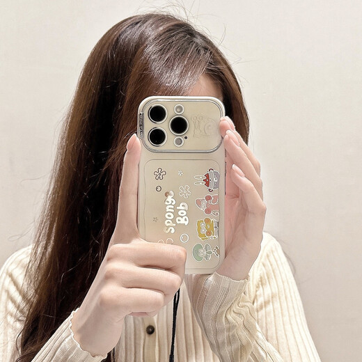 Lutuzer DEERWALK hollow mirror SpongeBob iPhone 16 mobile phone case suitable for Apple 14/13promax lens film 12 soft shell 15pro cute cartoon new model full-inclusive anti-fall hollow mirror - SpongeBob iPhone 16 Pro