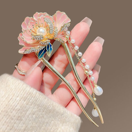OLOEY national style high-end peony flower hairpin for women new style step rocking tassel hairpin U-shaped hairpin new Chinese style hairpin Linlang peony hairpin-U-shaped