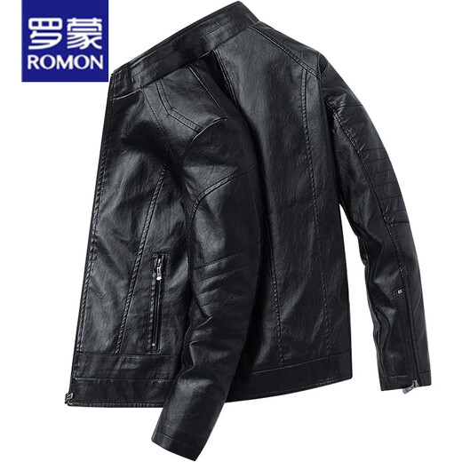Romon Lederjacke Herrenherbst- und Winter Trendy Marke plus Samt Motorrad Lederständer Halsband Kleidung Frühling und Herbst hübsche Herrenkleidung 9923# Black XL 125-140jin [Jin gleich 0,5 kg]