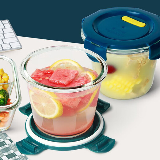 
Chuangde heat-resistant glass fresh-keeping box, special lunch box for office workers' microwave oven, separate glass bowl bento box set, Xinghai blue round 700+three partitions 1050+pack tableware