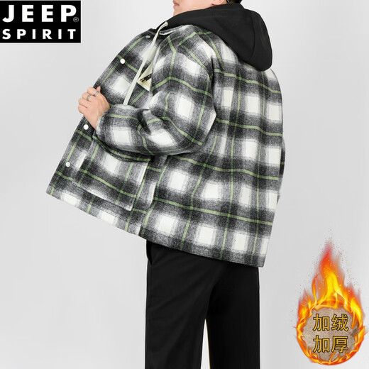 JEEP SPIRIT假两件棉衣外套男士冬装加绒加厚宽松保暖连帽男生潮牌格子棉服款 黑白格 4XL