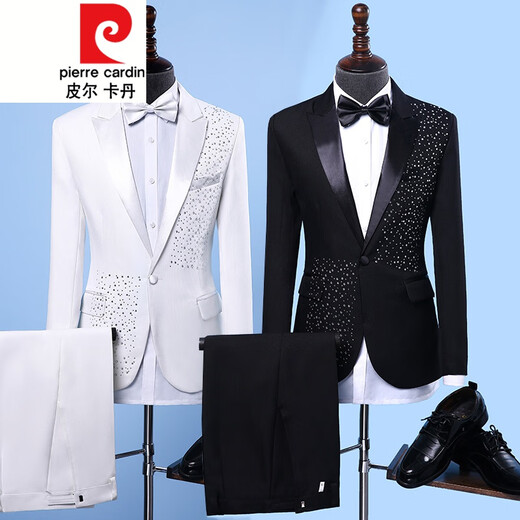 Pierre Cardin performance clothing men's clothing brothers sequin suit suit choir host clothing stage dress suit plus size autumn black 1 jacket + pants + bow tie 180/XL suitable for weight 170Jin Jin equals 0.5 kg, left and right wear