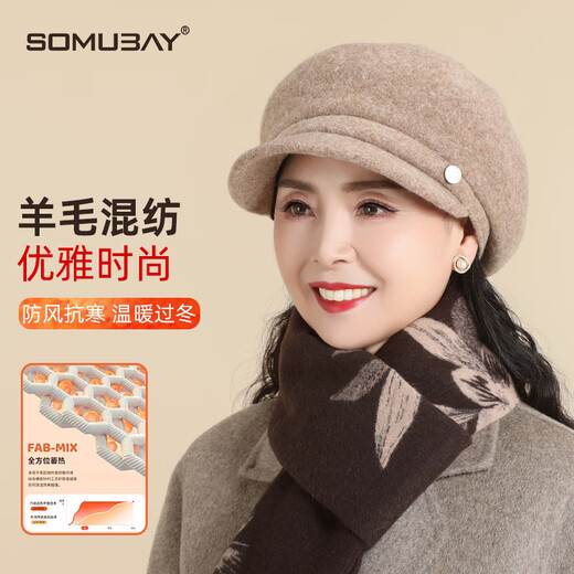 SOMUBAY (SOMUBAY) middle-aged and elderly hats for mothers, autumn and winter warm fashionable berets for grandmothers in winter wool cold-proof caps, Mocha single hat, one size fits all 56-58CM