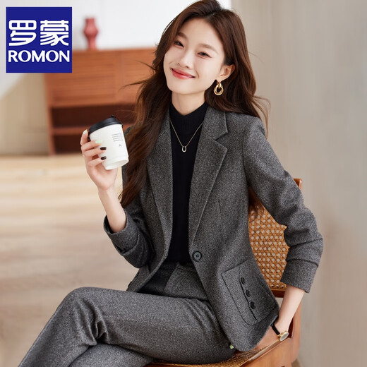 ROMON woolen suit jacket for women 2025 new autumn and winter thickened high-end professional temperament hotel work clothes suit suit dark gray suit + trousers L