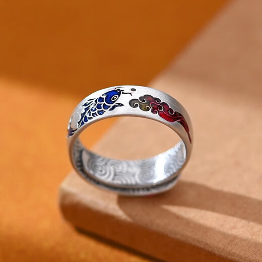 An Feng 999 sterling silver koi enamel ring men's and women's Chinese style silver auspicious cloud ring birthday gift for girlfriend 999 feet