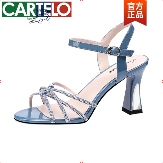 CARTELO high heel sandals for women thick heels 2024 summer new genuine leather rhinestones one-line fish mouth with skirt women's shoes black heel height 7 cm 37