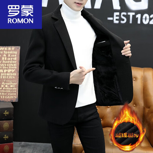 ROMON men's velvet thickened small suit tailored autumn and winter woolen coat Korean style casual set with suit gray L 170