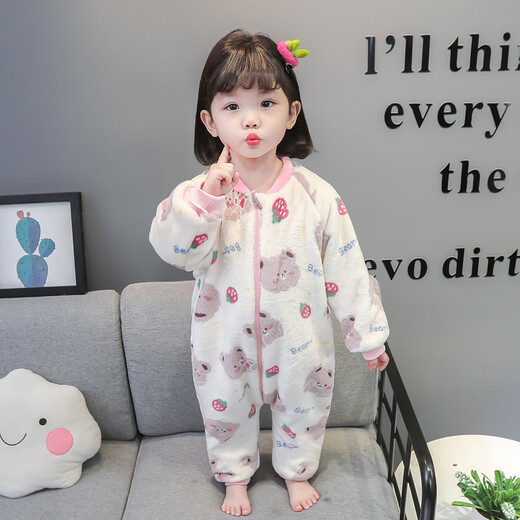 Papi Monkey children's one-piece pajamas coral velvet baby girl autumn and winter plus velvet thickened flannel crawler cartoon baby sleeping bag pink double layer 90 size recommended 1-2 years old (height around 85)
