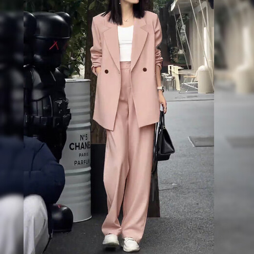 ANGEL MOOD spring extra large size fat girl m suit jacket wide leg pants suit slim casual pink loose suit 200 Jin Jin equals 0.5 kg Pink suit (spring and autumn) XL (recommended 110-135 Jin Jin equals 0.5 kg)