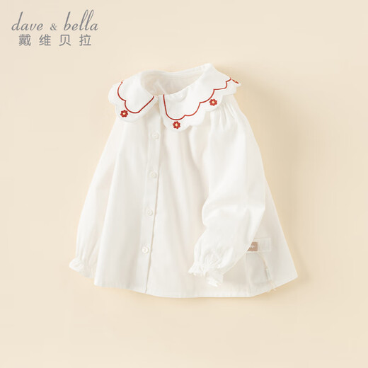 DAVE&BELLA children's long-sleeved shirt cotton girls' top spring new baby shirt children's clothing toddler bottoming shirt white ready in stock 100 cm (recommended height 90-100cm)
