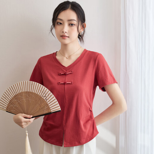 Magischer chinesischer Stil falten kurzärmeliges T-Shirt mit V-Ausschnitt für Frauen im Sommer Neues T-Shirt-vielseitiges Retro-Top für Frauen 9893 Brick Red L (110-120jin [Jin entspricht ungefähr 0,5 kg])