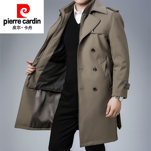Pierre Cardin autumn and winter wool windbreaker men's removable inner liner young and middle-aged medium-length large size thickened jacket knitted khaki 1956 style L 175 size recommended 120-135 Jin Jin equals 0.5 kg