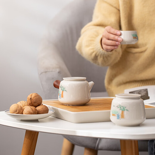 SUSHI CERAMICS herbal gray glaze Kung Fu tea set solid wood handle double-sided teapot bamboo surface water storage saucer gift box J0506