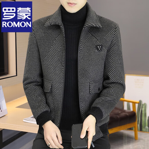 罗蒙（ROMON）羊毛呢子外套男短款秋冬季新款翻领毛呢大衣男士加厚保暖休闲夹克 灰色H856 XL (125-145斤)
