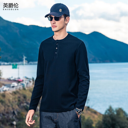 Enjeolon textured henley collar modal cotton stretch bottoming shirt with long-sleeved T-shirt men's bottoming shirt black 185/108A(XXL)