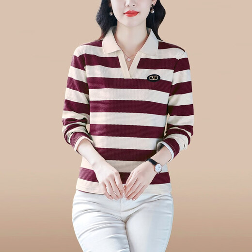 Fangluyu long-sleeved T-shirt for women in spring and autumn new middle-aged mother high-end cotton lapel POLO shirt casual T-shirt loose T-shirt 6636 black and white one size XL recommended to wear 110-119Jin [Jin equals 0.5 kg]