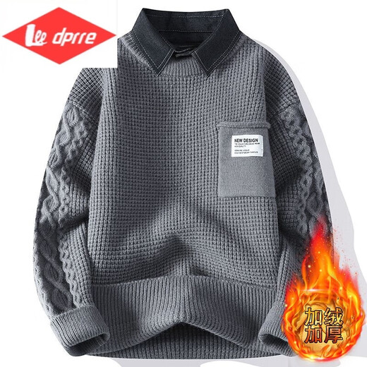 Lee dprre men's shirt collar sweater autumn and winter plus velvet thickened fake two-piece sweater youth casual base knit sweater men R9923 m white thickened plus velvet M