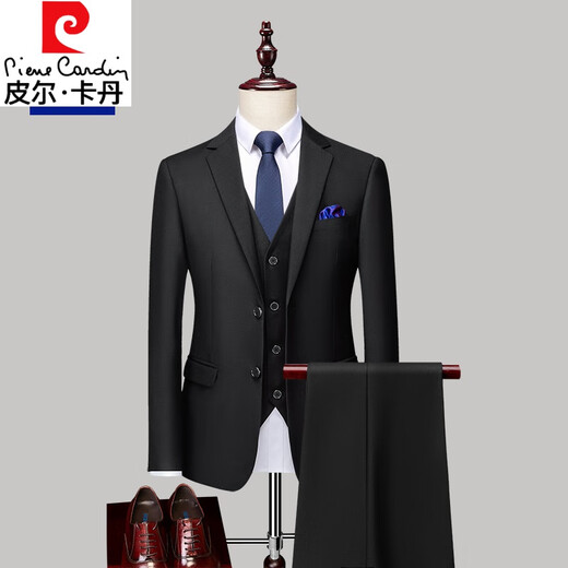 Pierre Cardin non-iron wrinkle suit men's suit spring and autumn business casual professional formal wear high-end suit wedding suit high-end black suit + trousers + vest 2XL 180 135-150Jin Jin equals 0.5 kg