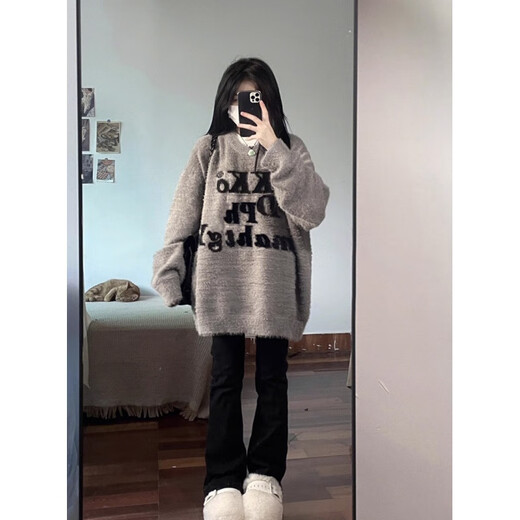 DXOT2025 new sweater for women for small people in autumn and winter, thickened, loose, lazy, soft, glutinous milk, fufu sweater trendy gray version S recommended 80-95Jin Jin equals 0.5 kg