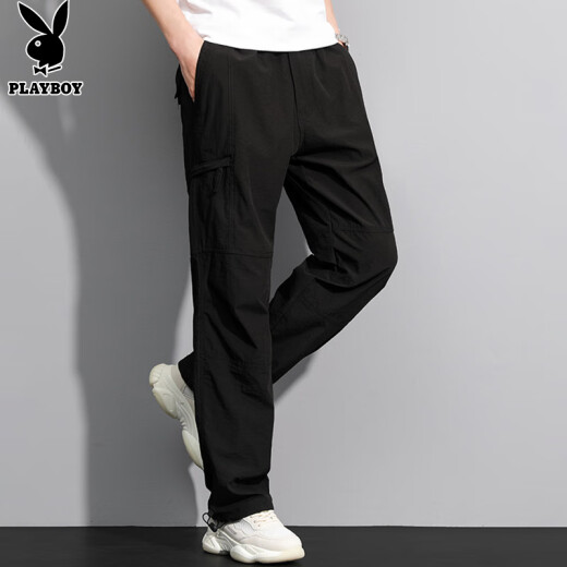 Playboy (PLAYBOY) overalls men's spring and summer loose straight pants men's trendy retractable buckle casual pants dark gray XL