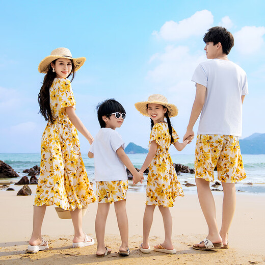 BUBBLE ORANGE Beach vacation parent-child outfit mother-daughter summer family outfit beach yellow dress suit for a family of three men's suit (T-shirt + shorts)/female dress Mom XL size (recommended weight 115-125 Jin Jin equals 0.5 kg)