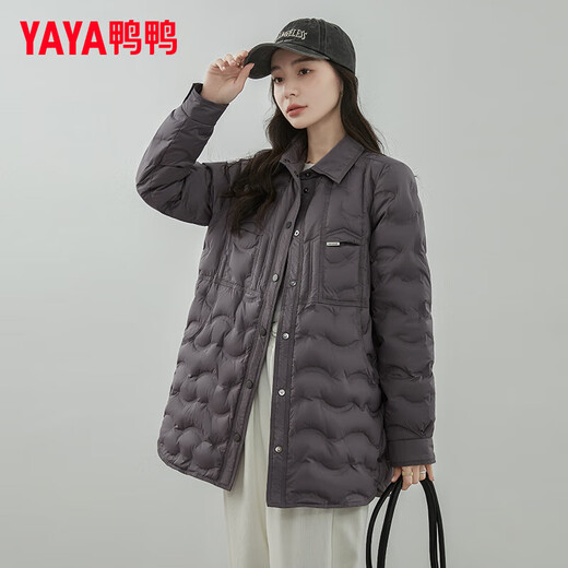 YAYA Lightweight Down Jacket Women's Mid-Length 2023 Winter New Fashion Korean Style Shirt Collar Slim Warm Jacket YZ Muyun Gray S (155)