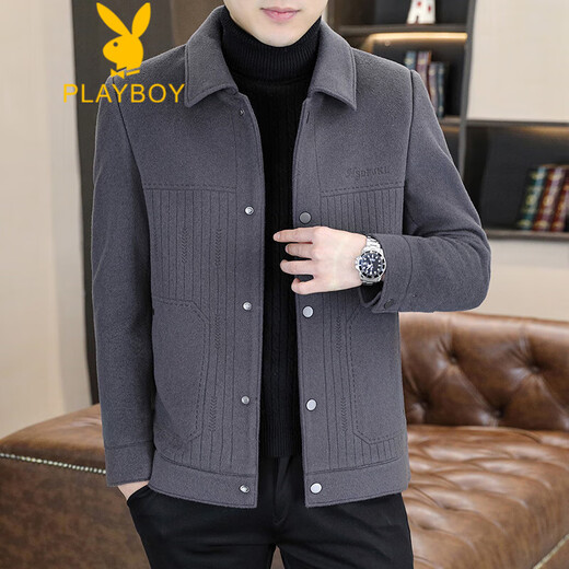 花花公子（PLAYBOY）外套男秋冬季短款羊毛呢子外套冬装男装加厚休闲毛呢男士翻领夹克 8288灰色 XL 120-135斤