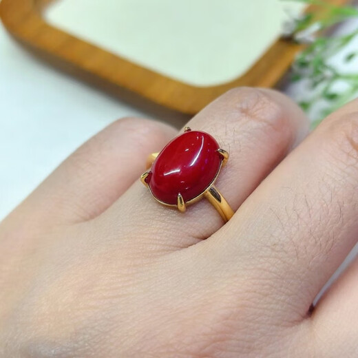 Sanskrit-made natural coral cabochon, simple and versatile ring, sterling silver inlaid with live mouth design, coral ring 99642