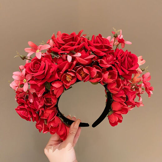 Haiyiduo Quanzhou imitation hairpin flower garland Hanfu silk flower headdress hairpin hair accessory ethnic style photo shoot flower headband female garland 2# red flowers