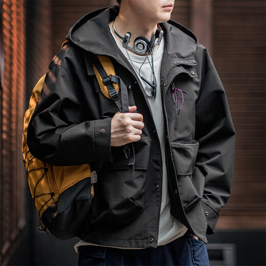Madden Workwear American Casual Functional Hooded Jacket Men's Autumn Outdoor Waterproof Sports Jacket Loose Profile Top Black L