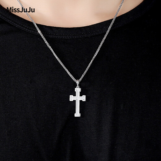 Miss JuJu Platinum Pendant Men's pt950 Platinum Cross Simple Pendant Fashionable Frosted Pendant Women's Back Carved Weight 5.2-5.4g+Leather Cord