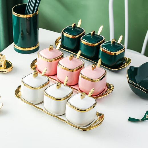 Mccarren Nordic simple light luxury ceramic seasoning jar box seasoning bottle salt MSG jar kitchen commercial household with lid set of 3 seasoning jars + emerald