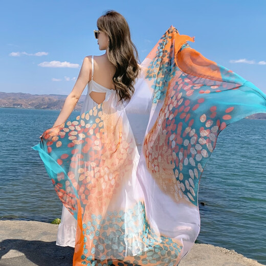 Jin[Jin equals 0.5 kg] Mu ethnic style shawl beach towel silk scarf soft gauze printed scarf for girls Tibet Xinjiang Qinghai tourism to extend the style Ethnic style shawl [Orange cashew nuts] 130*180
