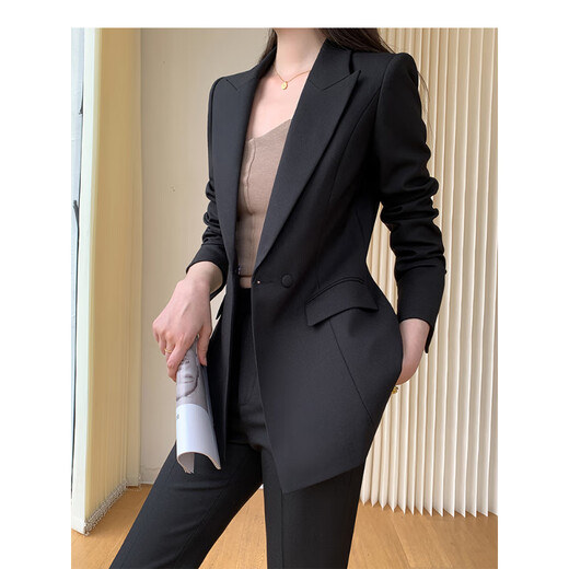 Sugargirl spring and autumn black suit set for women fashion high-end professional formal wear host casual versatile suit jacket 2694 black six-button suit + pants M