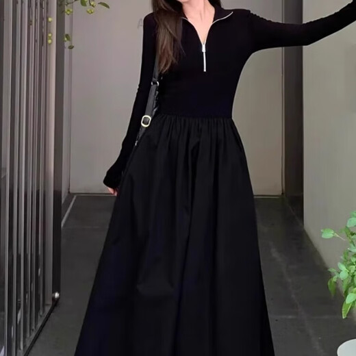 Miao Yijia Dress Women's Autumn Women's Skirt Knitted New High-end Long Skirt with Coat French Waist Slimming Black Zipper Long Sleeve A-Line Hepburn Style Dress XL Recommended 105-120 Jin Jin is equal to 0.5 kg