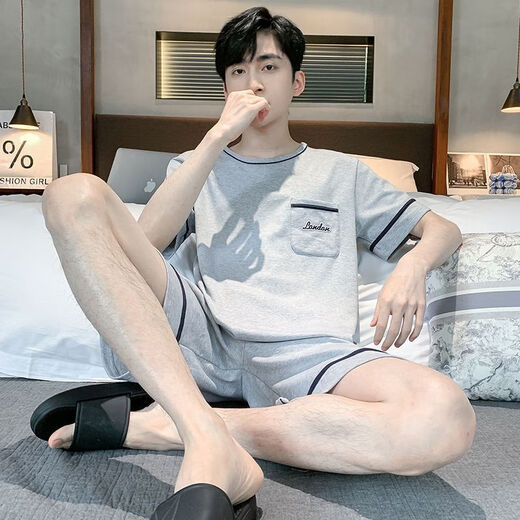 Manzhizhuang Pyjamas Herren Sommer Pure Cotton Shorts Shorts für Teenager Lose Heimkleidung für den Sommer-Dünnstil können am äußeren Anzug mittleren Alters HD9928 L getragen werden (empfohlen 100-125 Jin [Jin gleich 0,5 kg]))