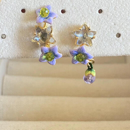 Caizhi French les enamel eggplant dream series blue jasmine faceted star gemstone earrings ring earrings