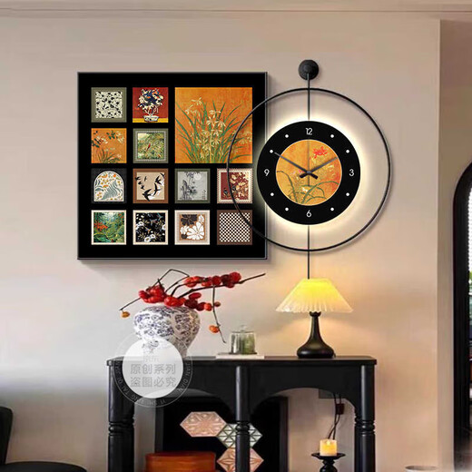 
Huaixue Middle Style Bailian Restaurant Decorative Painting LED Lights with Clocks and Watches Combination Mural Retro Style Dining Table Background Wall Hanging Painting K12806/PB57 Painting 80*80+Diameter 60 Crystal porcelain metal black frame/power bank + remote control