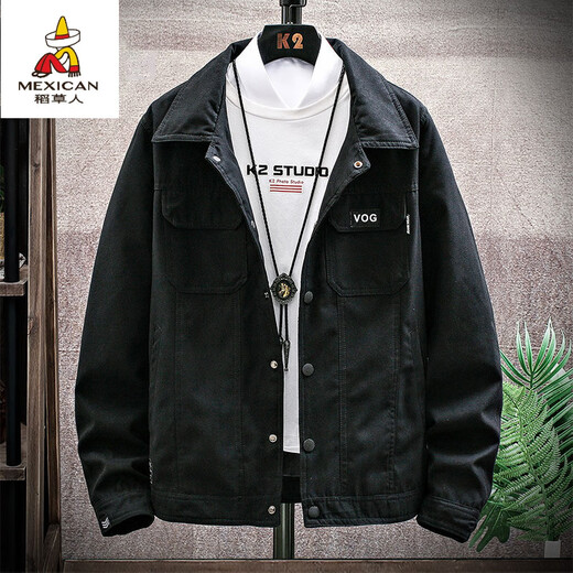 稻草人麂皮绒牛仔外套男士秋冬季工装夹克男装加绒加厚修身翻领褂子衣服 K12801黑色 常规 4XL