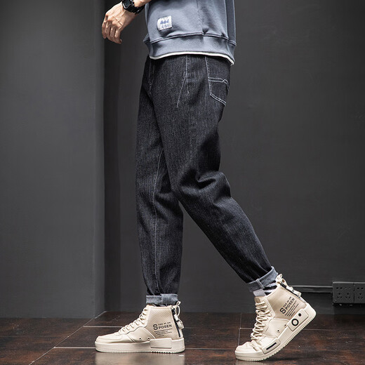 Jeans Men's Spring y Summer Nuevos pantalones elásticos de pierna recta, marca de moda suelta Harren, pantalones casuales 6621 negro 36